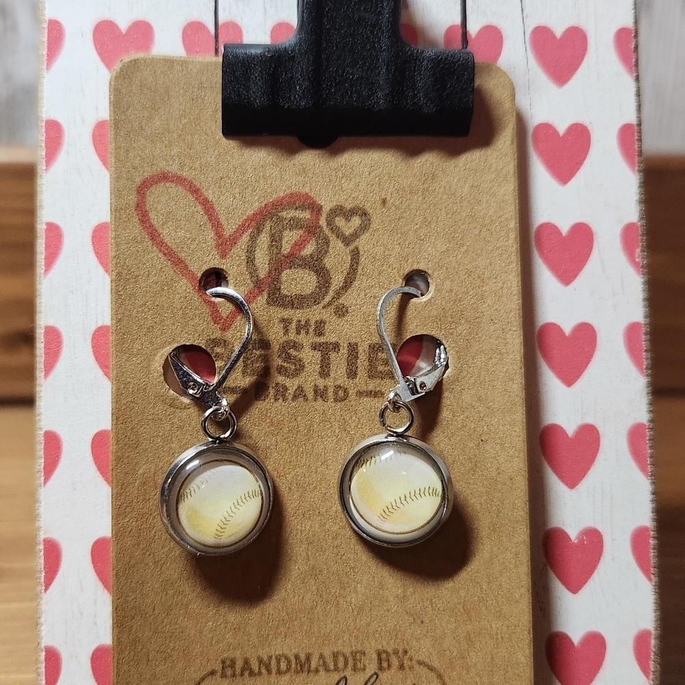 Handmade Silver in Color Yellow Softball Leverback Clasp Earrings